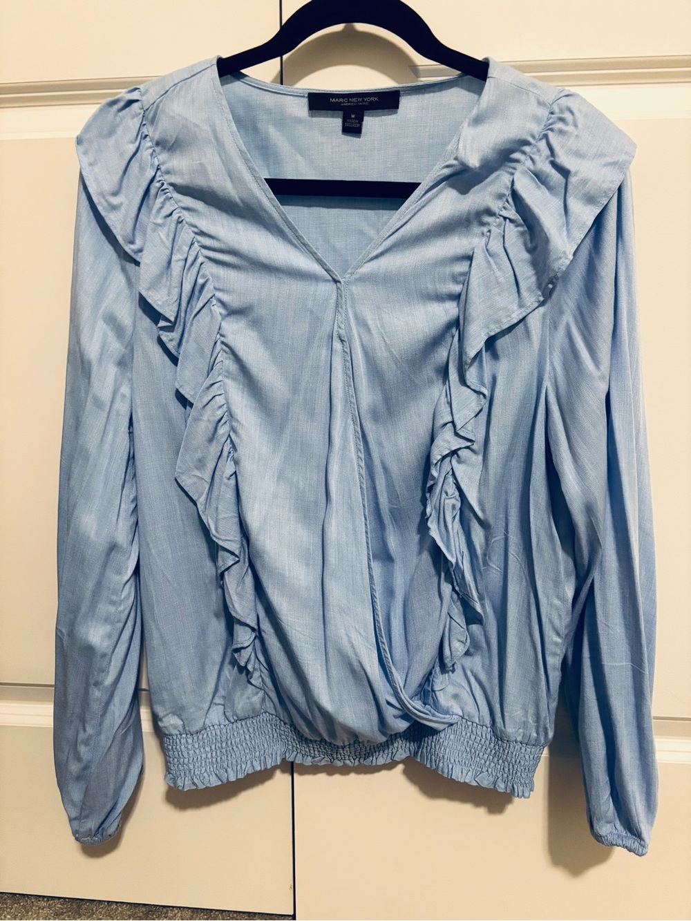 Marc New York Light Blue Ruffle V-Neck Blouse